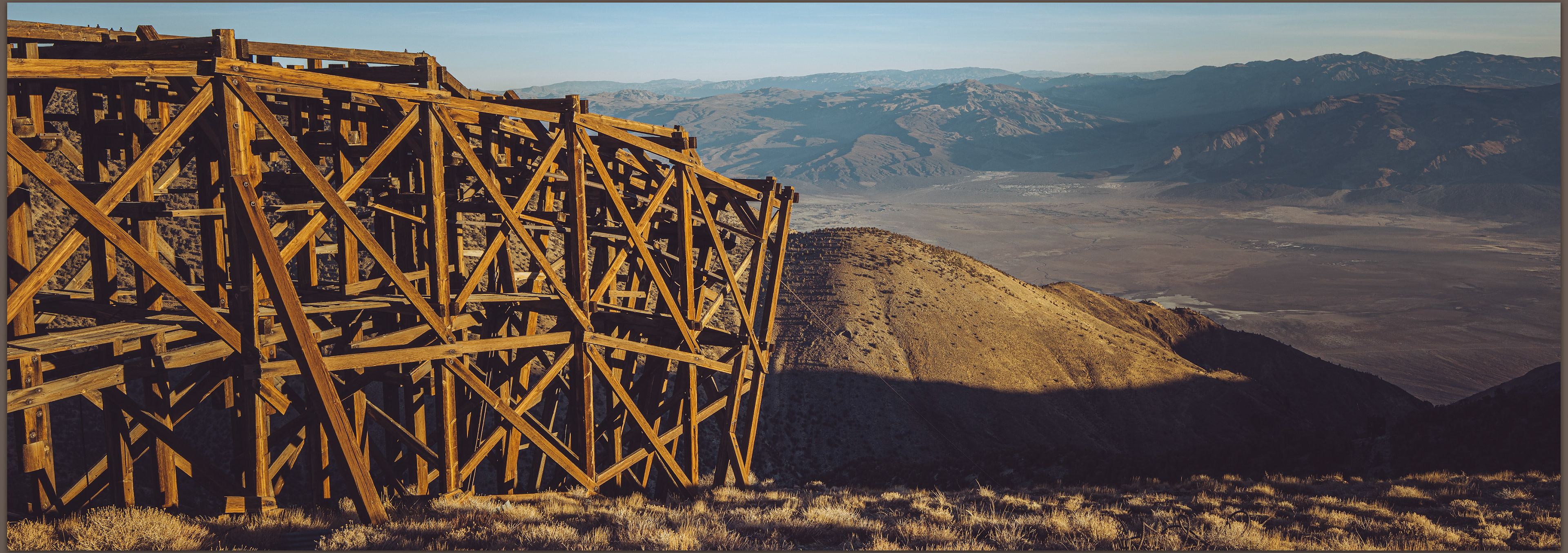 Moving over mountains. The remnant superstructure of the Salt Tram Summit Station above Saline Valley, Inyo Mountains, CA, USA