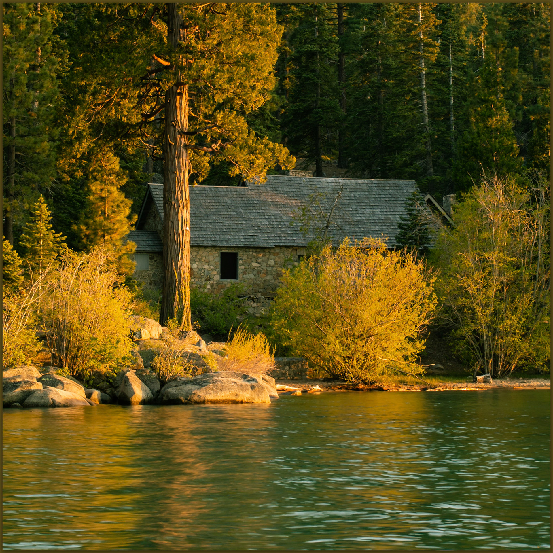 Stone glow.. The buildings of Skunk Harbor, Lake Tahoe, CA, USA