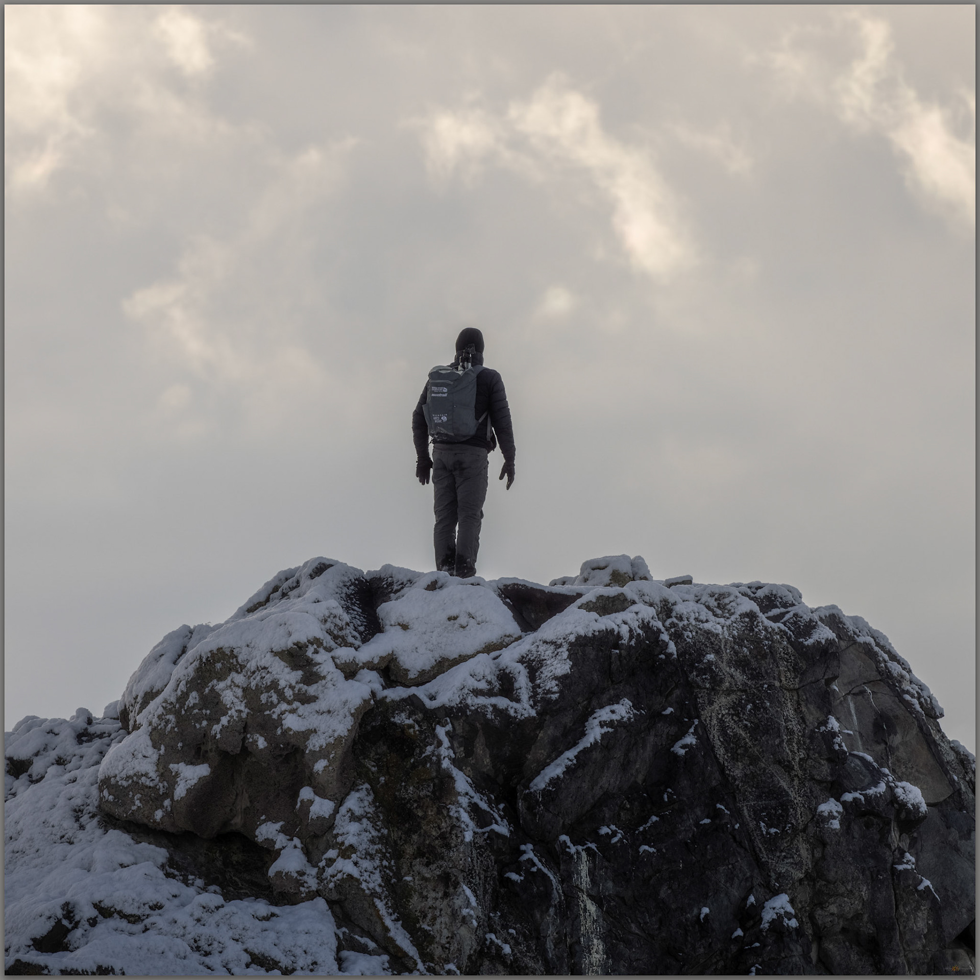 Darren at sunrise. Darren explores the snowfall, Carson Sink, Great Basin Desert, NV, USA