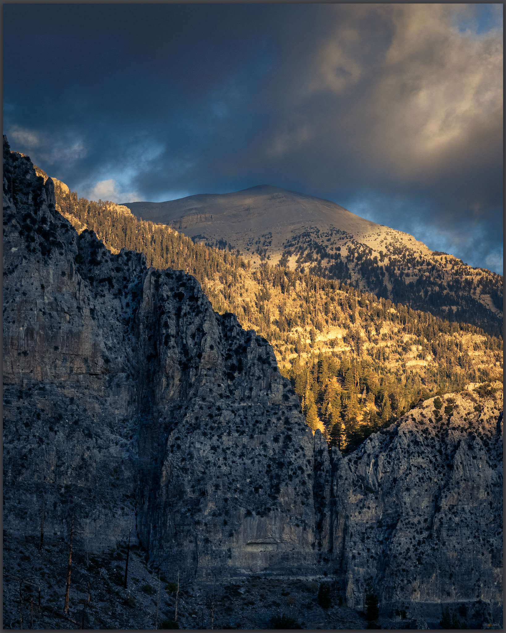 Charleston Peak rises above its eastern limestone escarpment, Spring Mountains, Mojave Desert, USA