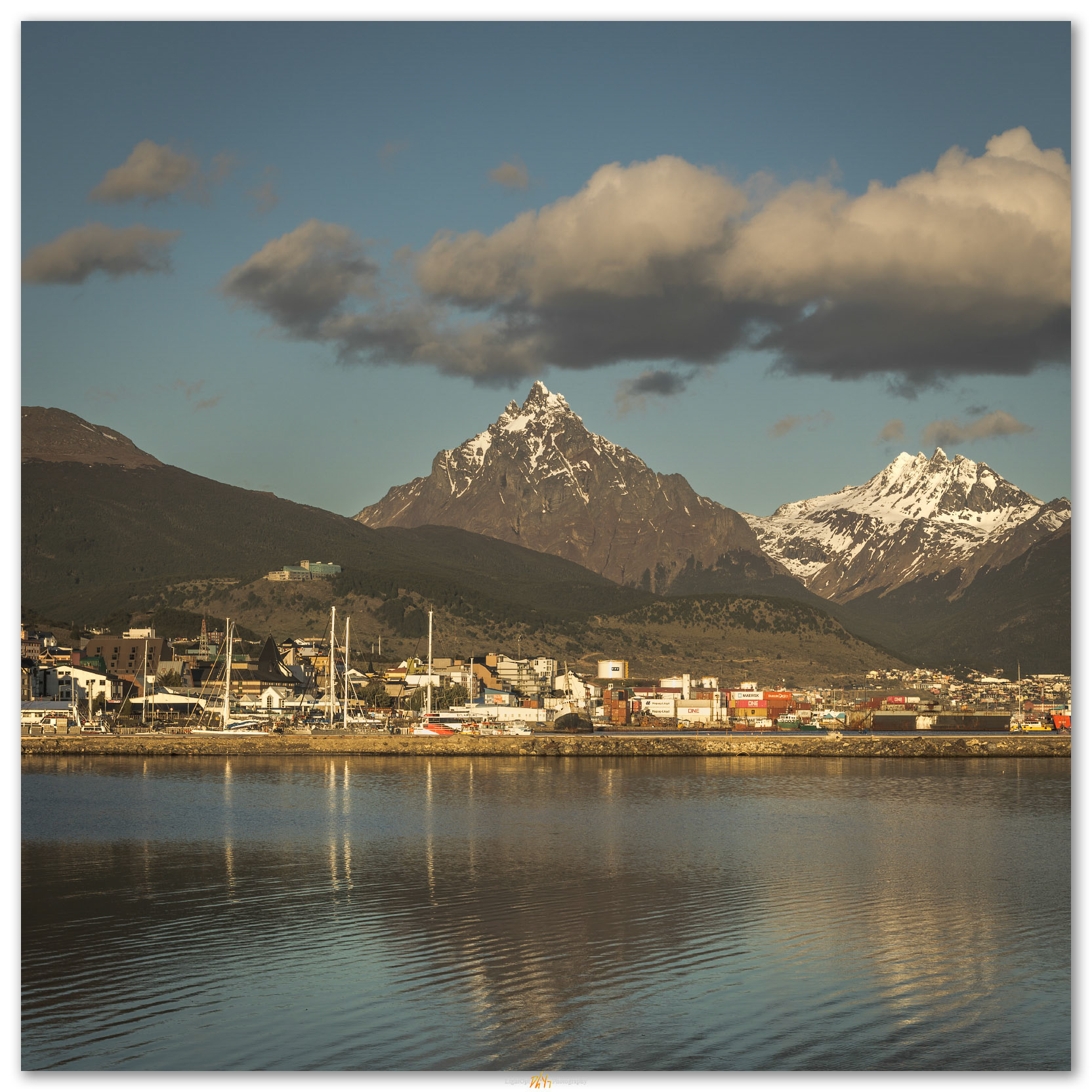 Peaks at Ushuaia. Early evening in the port of Ushuaia, Argentina.