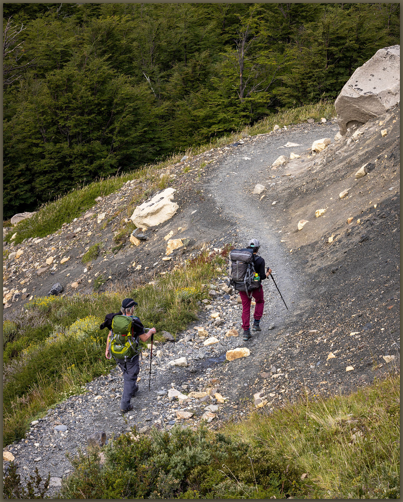 Getting stride. Bill and Andrea in the canyon of Rio Ascencio, Torres del Paine National Park, Chile