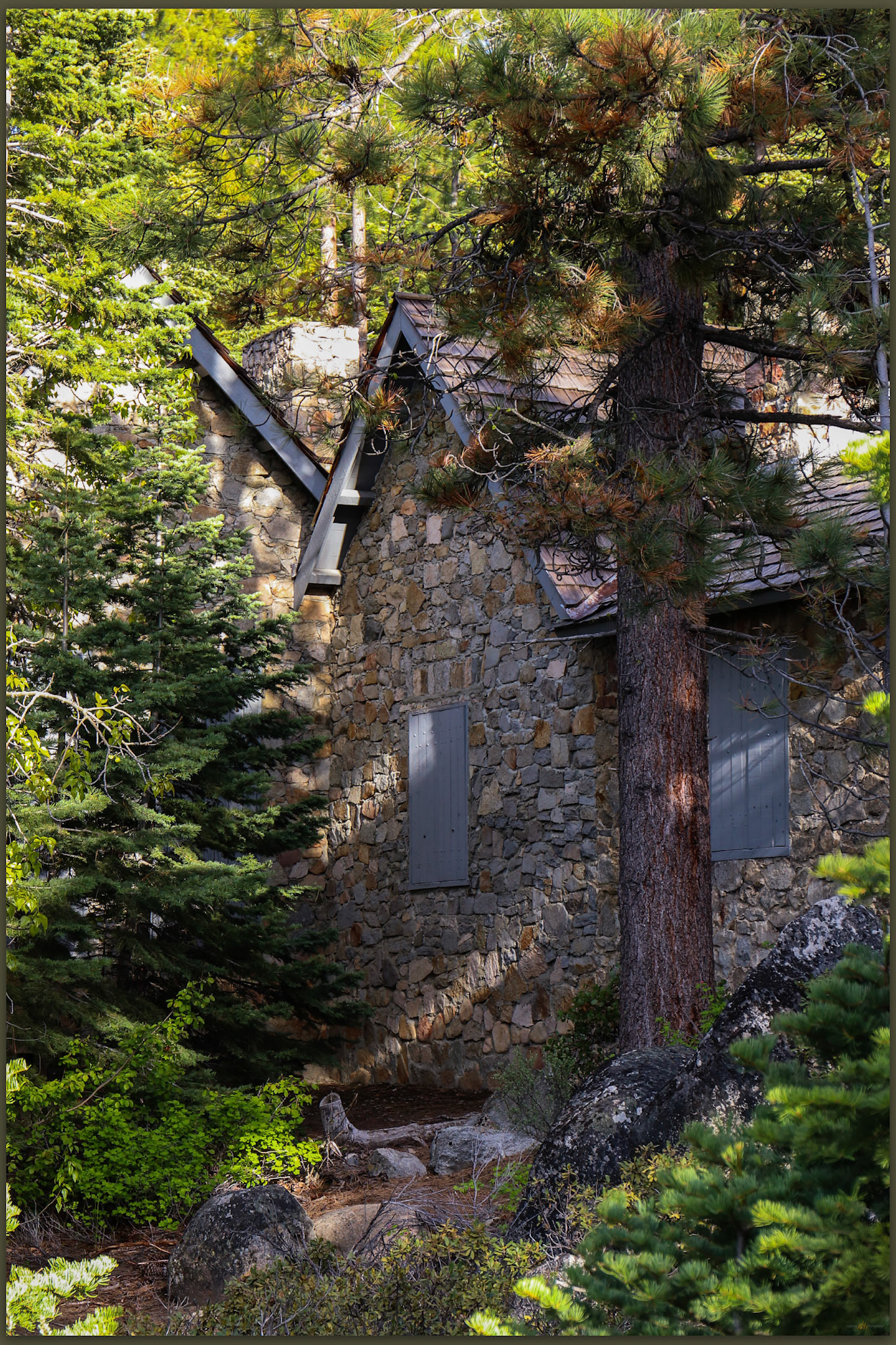 Stone gables. The buildings of Skunk Harbor, Lake Tahoe, CA, USA