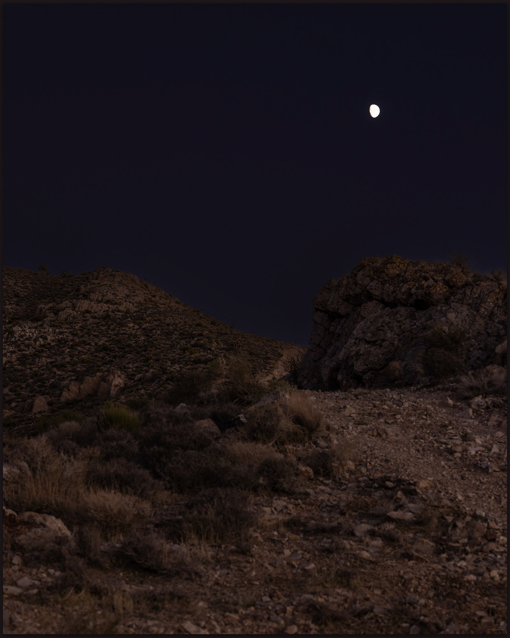 Into the dark. Night settles in as I approach the steep summit trail, Bird Spring Range, Mojave Desert, USA