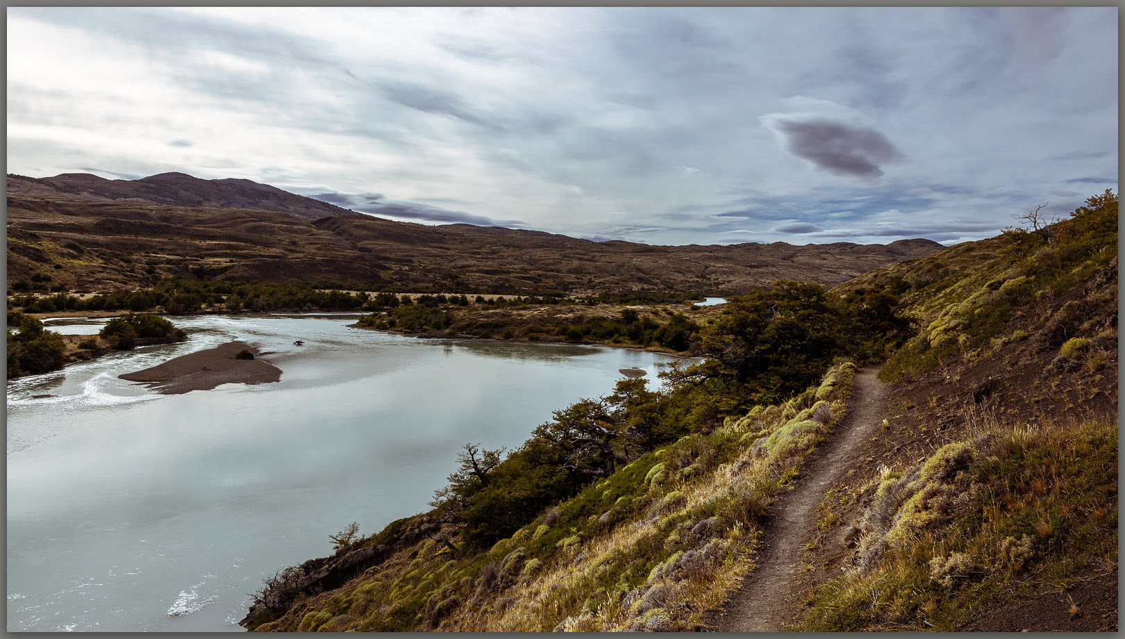 Rio Paine. Looking back on our trail to Campamento Seron, Torres del Paine National Park, Chile