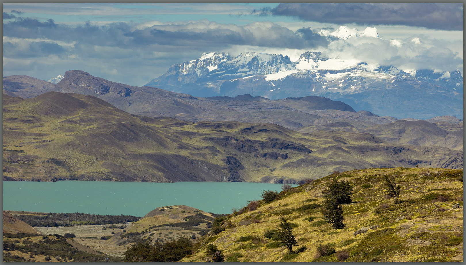 Balmaceda. Distance peaks of the Pacific Ocean from the canyon of Rio Ascencio, Torres del Paine National Park, Chile