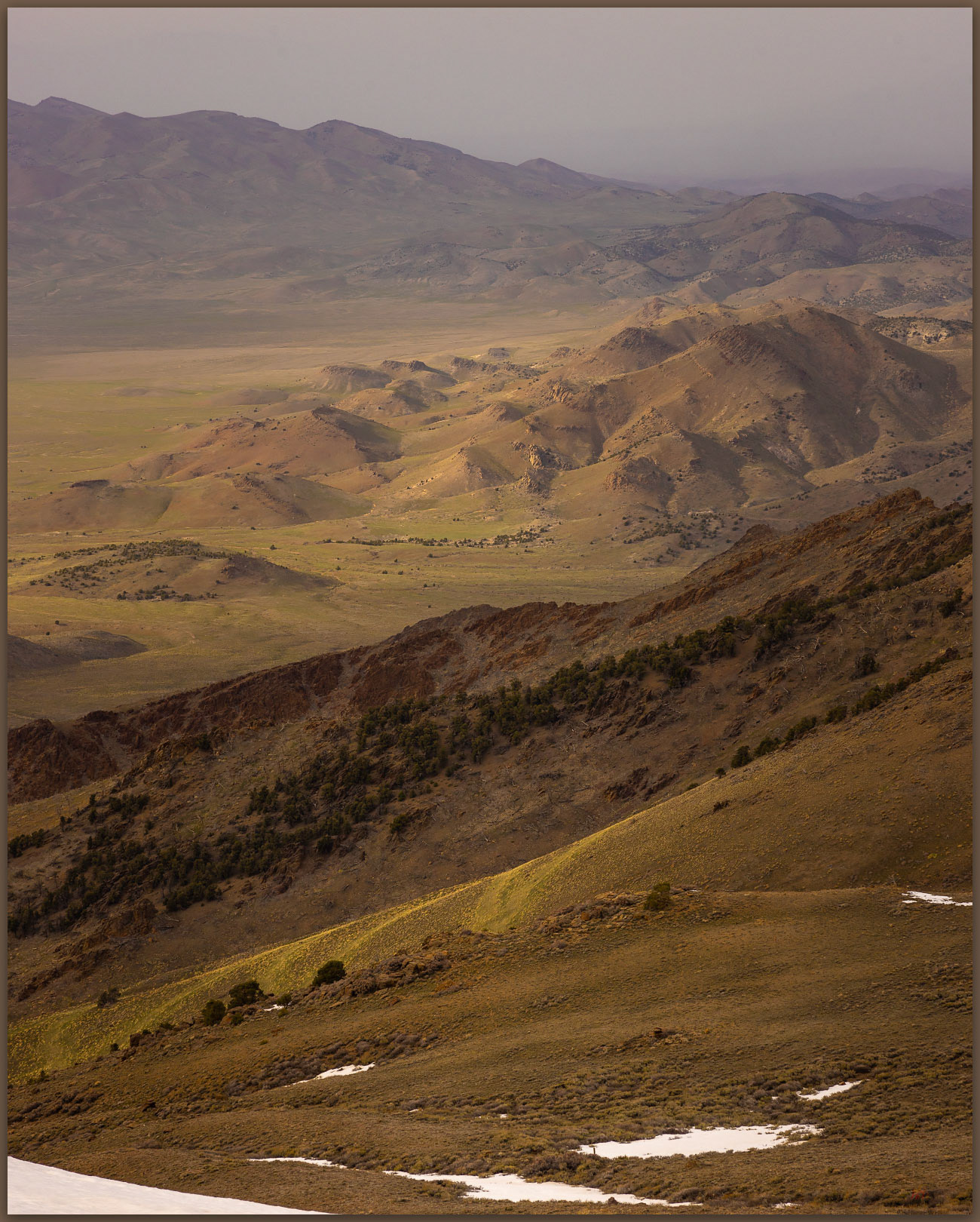 Hints of spring. Green hillsides in the dusty breeze of Edwards Creek Valley and New Pass Range, Great Basin Desert, Nevada