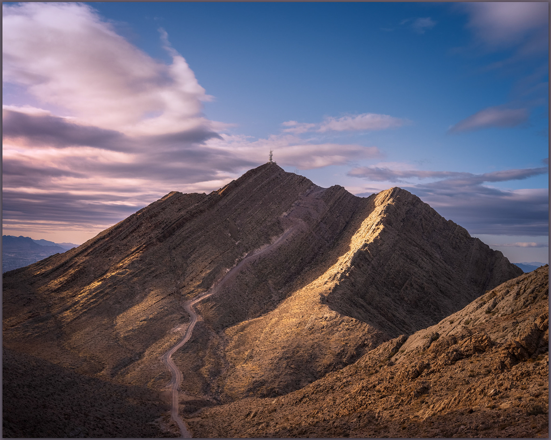 Communications towers at the high point of Frenchman Mountain, Frenchman Range, Mojave Desert, USA
