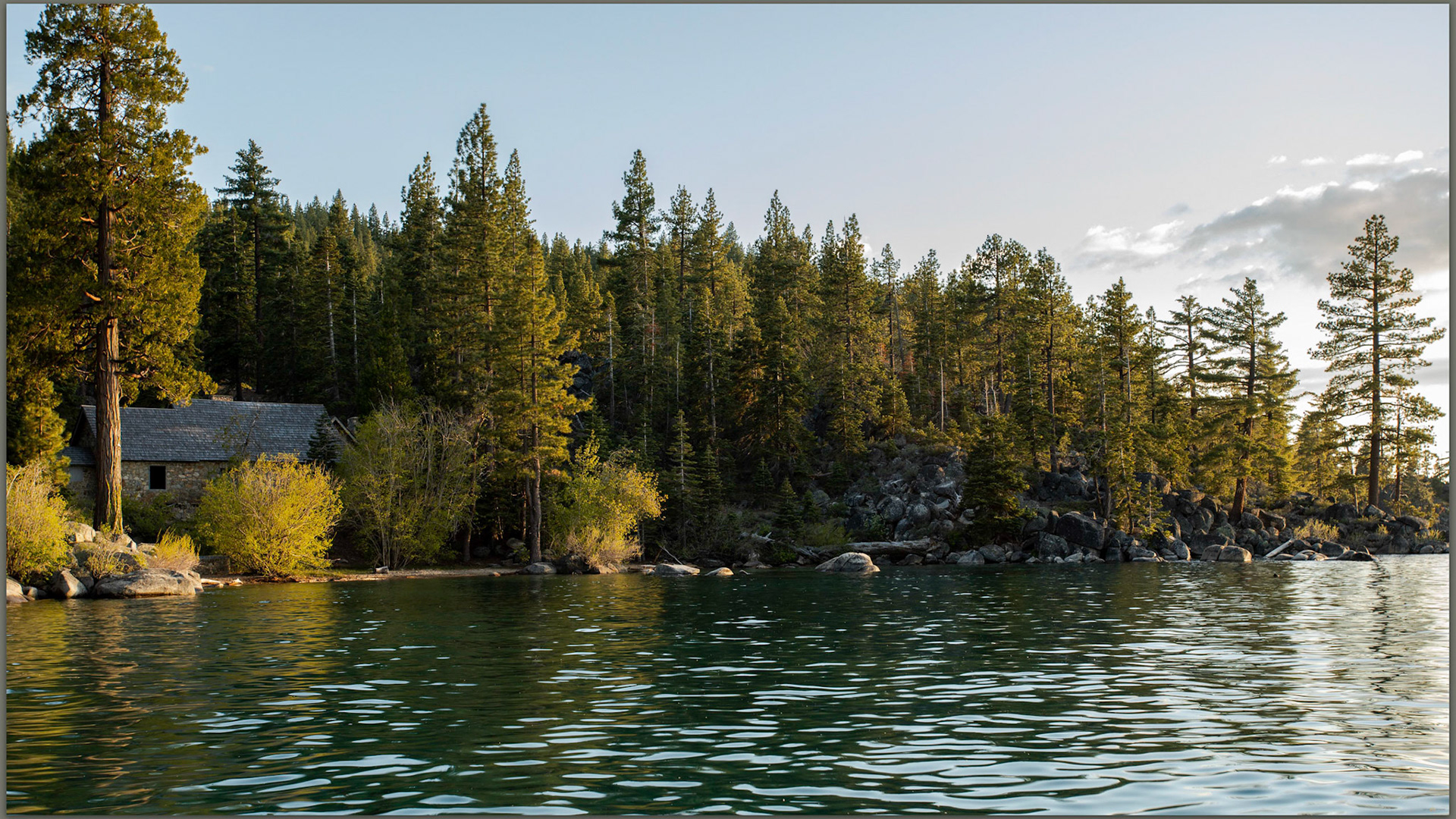 Stone glow II. The buildings of Skunk Harbor, Lake Tahoe, CA, USA