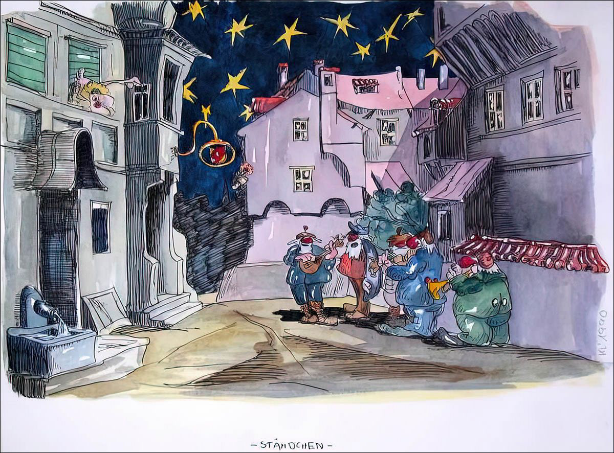 Das Ständchen - Feder in schwarzer Tusche und Aquarell - 1990