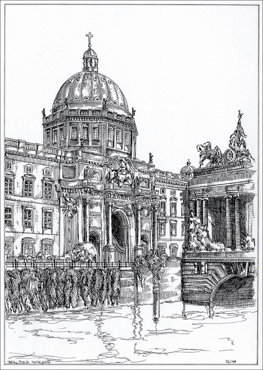 Berliner Stadtschloss Eoasanderportal mit Nationaldenkmal - Feder und schwarze Tusche auf Zeichenkarton - 29,7 x 21 cm - 1999