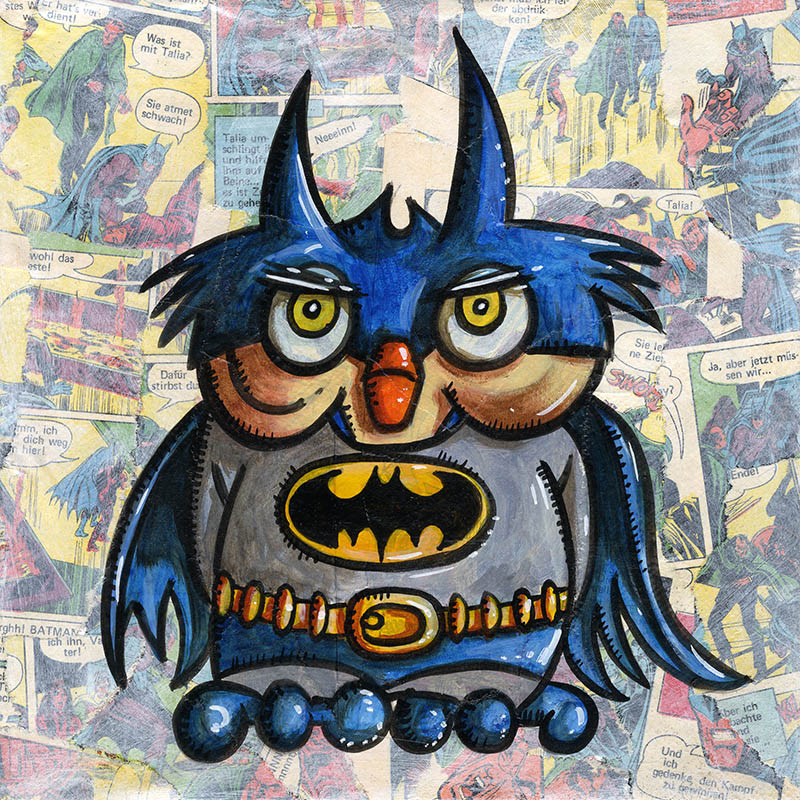 BAT Owl - Collage und Acryl auf Leinwand - 20 x 20 cm - 2014