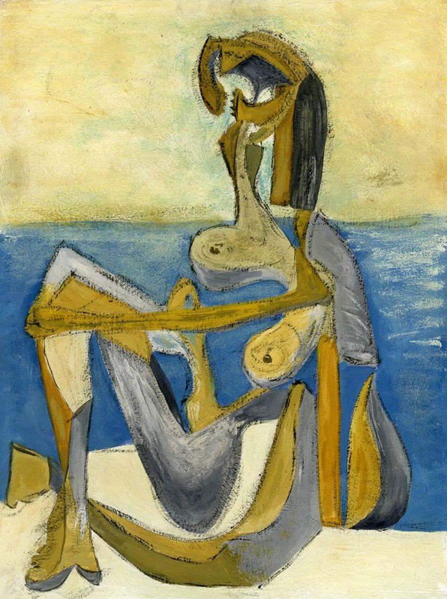 Adaption nach Picasso Sitzende Badende am Meeresstrand - Tempera auf Malkarton - 1983