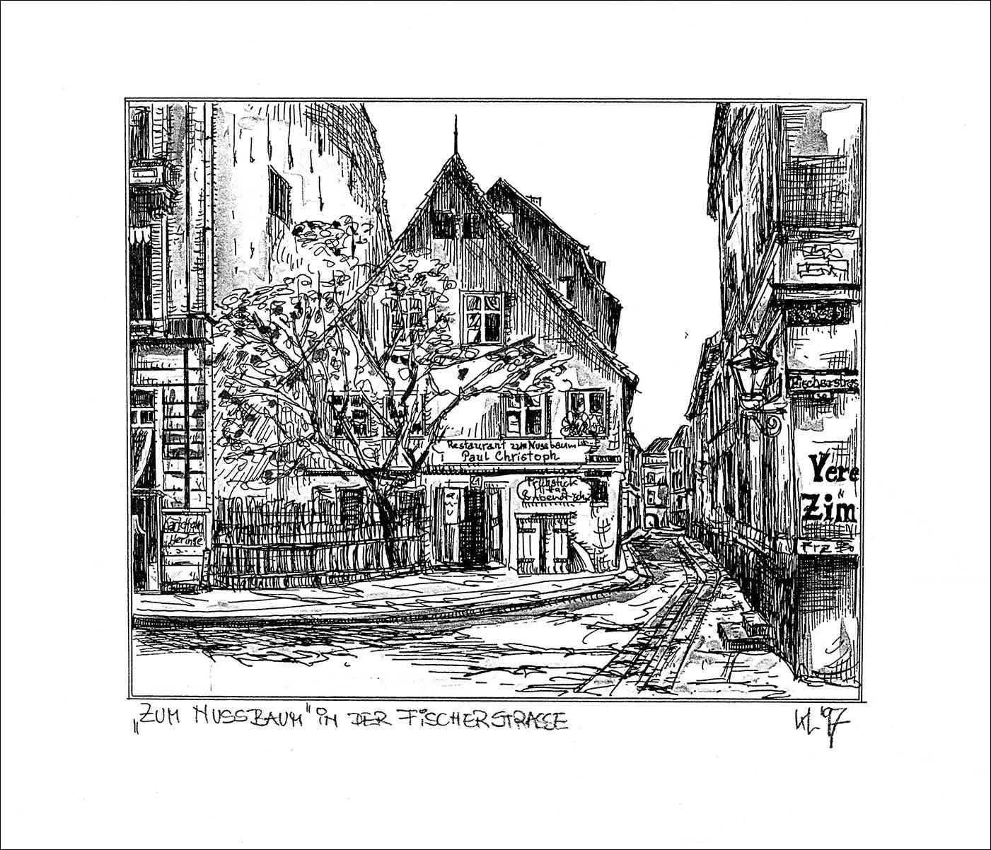 Zum Nussbaum in der Fischerstraße - Feder und schwarze Tusche auf Zeichenkarton - 29,7 x 21 cm - 1997