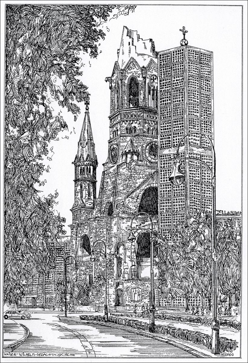 An der Gedächtniskirche - Feder und schwarze Tusche auf Zeichenkarton - 29,7 x 21 cm - 2000