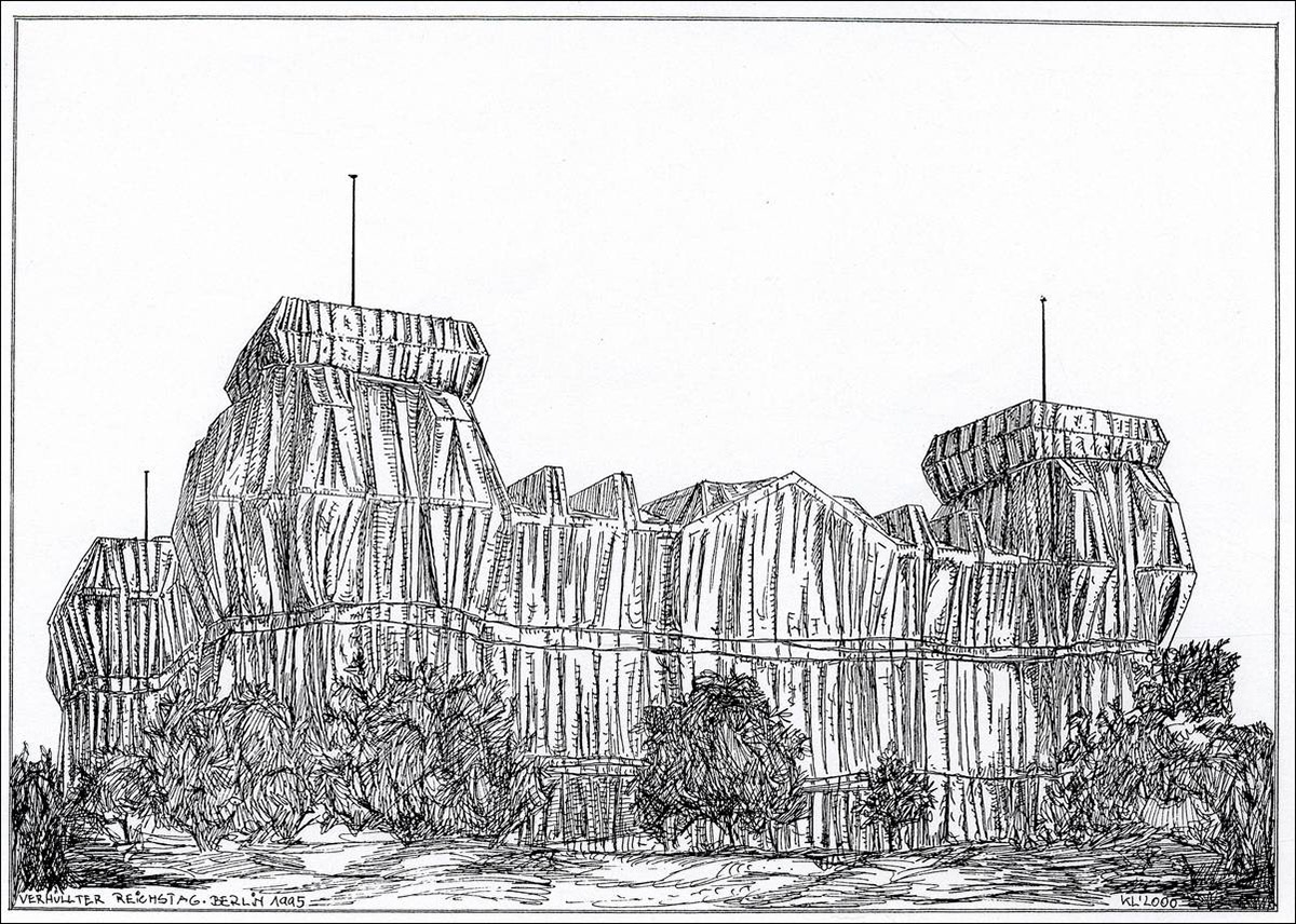 Wrapped Reichstag - Feder und schwarze Tusche auf Zeichenkarton - 29,7 x 21 cm - 2000