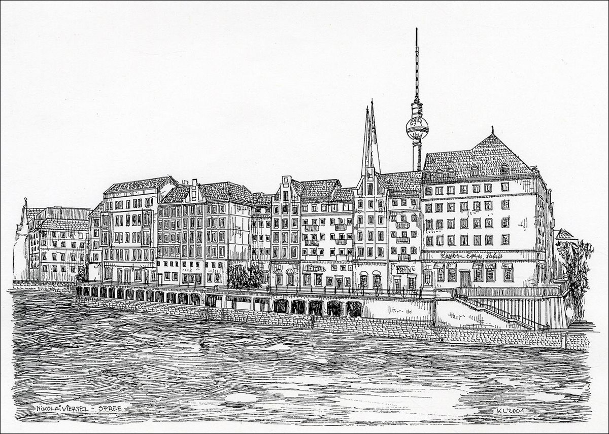 Blick auf das Nikolaiviertel - Feder und schwarze Tusche auf Zeichenkarton - 29,7 x 21 cm - 2001