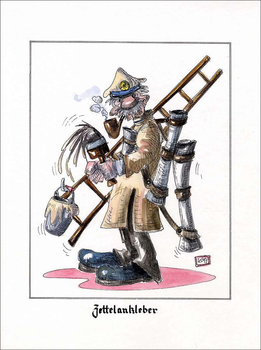 Zettelankleber - Feder in schwarzer Tusche und Aquarell - 1997