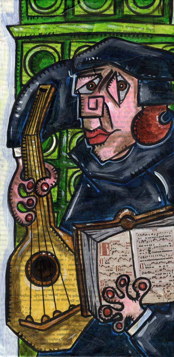 500 Jahre Reformation - Martin Luther mit Laute" - Collage und Acryl auf Leinwand - 20 x 40 cm - 2017