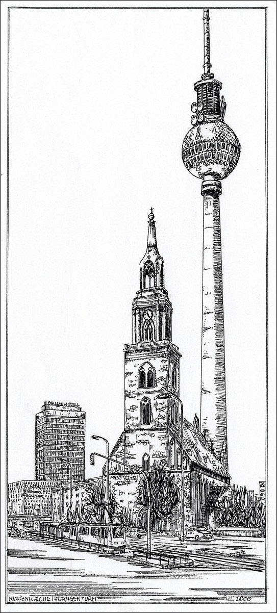 Marienkirche mit Fernsehturm - Feder und schwarze Tusche auf Zeichenkarton - 29,7 x 21 cm - 2000