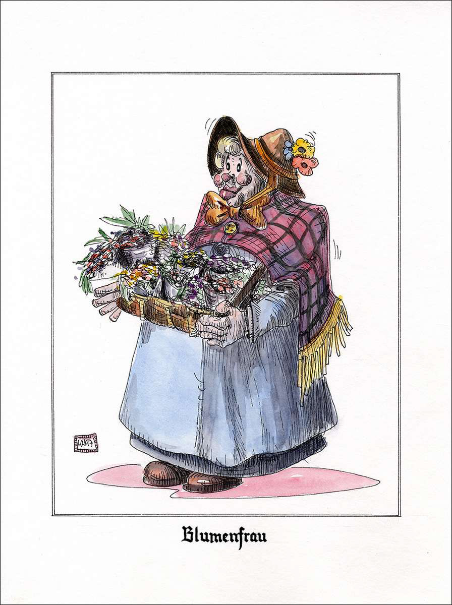 Blumenfrau - Feder in schwarzer Tusche und Aquarell - 1997