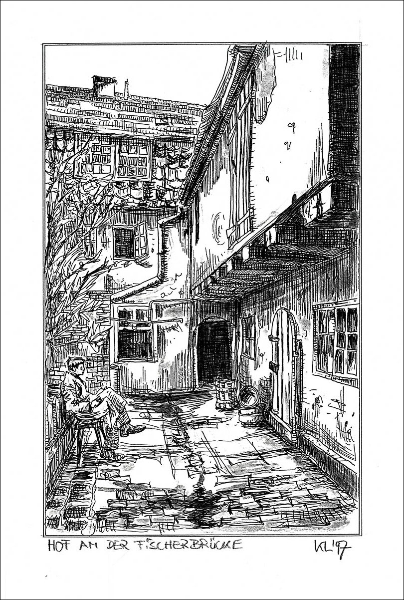 Hof an der Fischerbrücke - Feder und schwarze Tusche auf Zeichenkarton - 29,7 x 21 cm - 1997