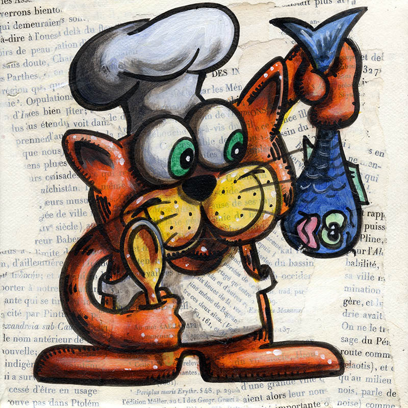 Maître de Cuisine (Cooking Cat) - Collage und Acryl auf Leinwand - 20 x 20 cm - 2013