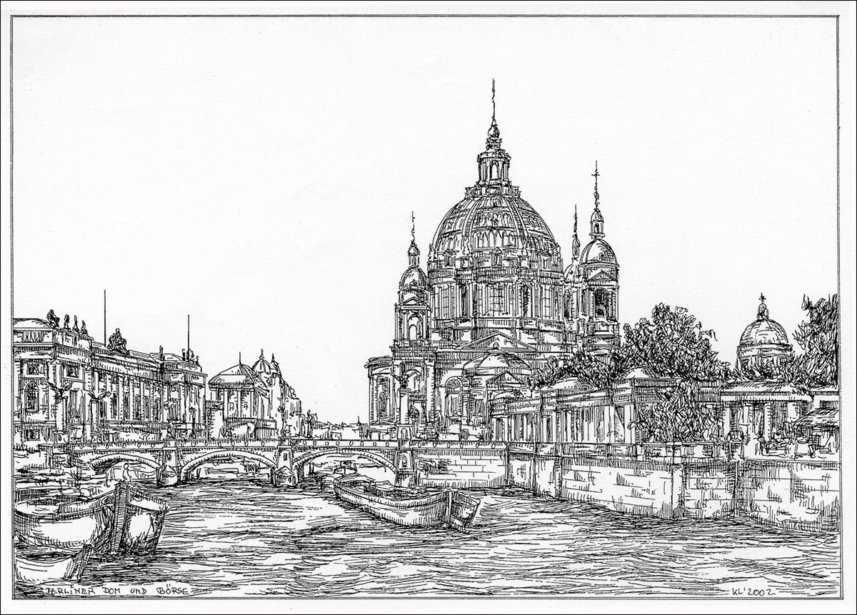Berliner Dom und Börse - Feder und schwarze Tusche auf Zeichenkarton - 29,7 x 21 cm - 2002