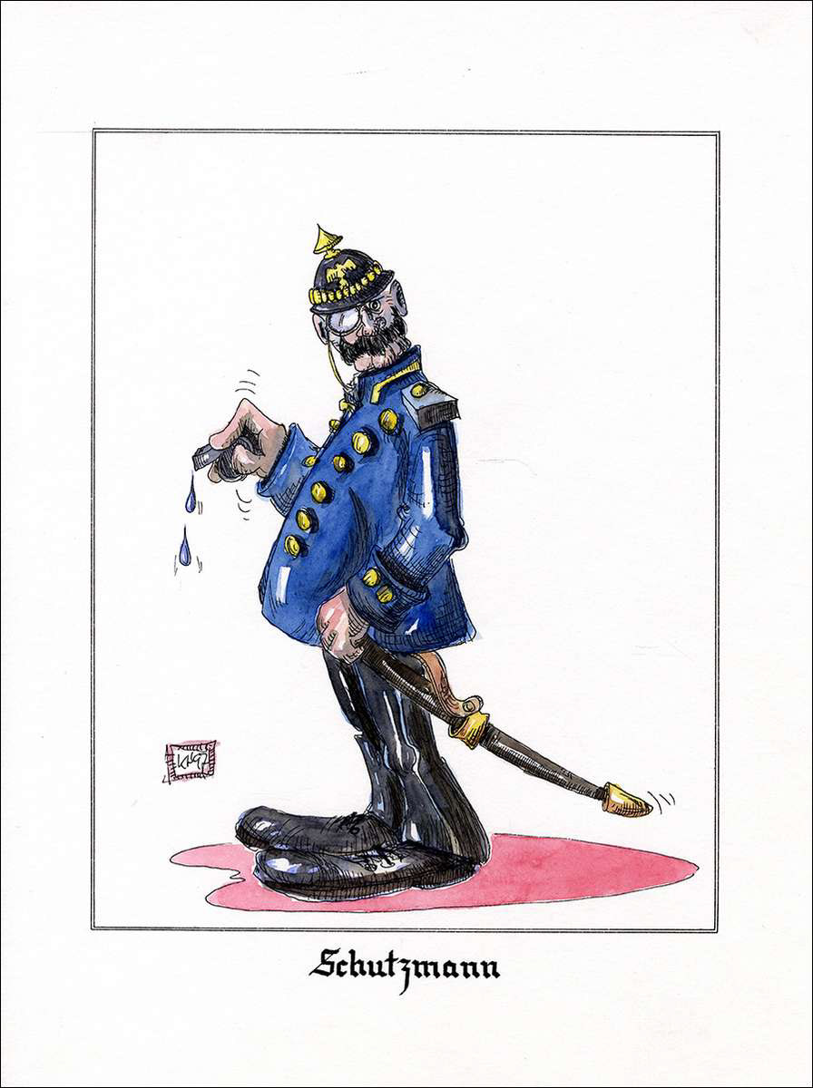 Schutzmann - Feder in schwarzer Tusche und Aquarell - 1997