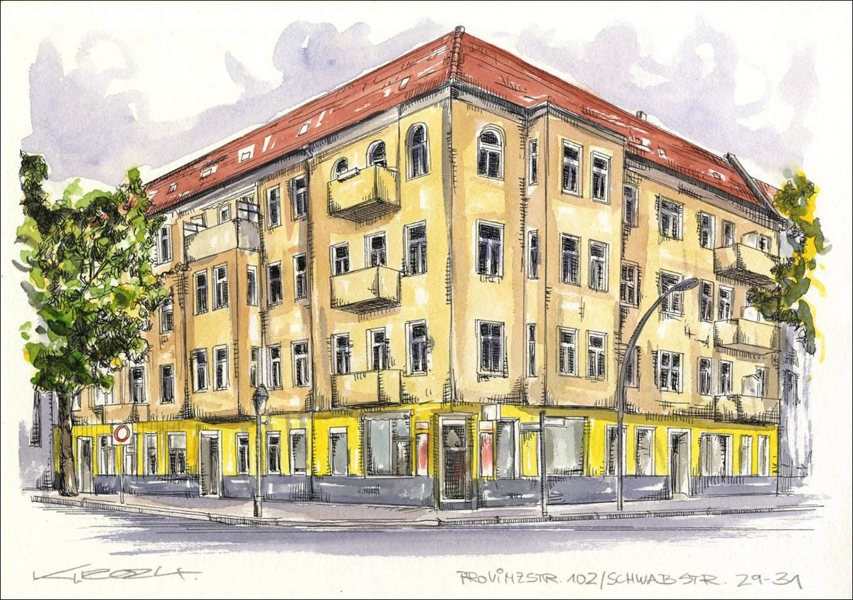 Berlin Provinzstrasse 102 / Ecke Schwabstrasse 29-31 - Feder und schwarze Tusche auf Aquarellkarton 300 g/qm - 42 x 29,7 cm - 2024