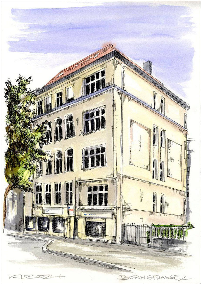 Berlin Bornstrasse 2 - Feder und schwarze Tusche auf Aquarellkarton 300 g/qm - 29,7 x 42 cm - 2024