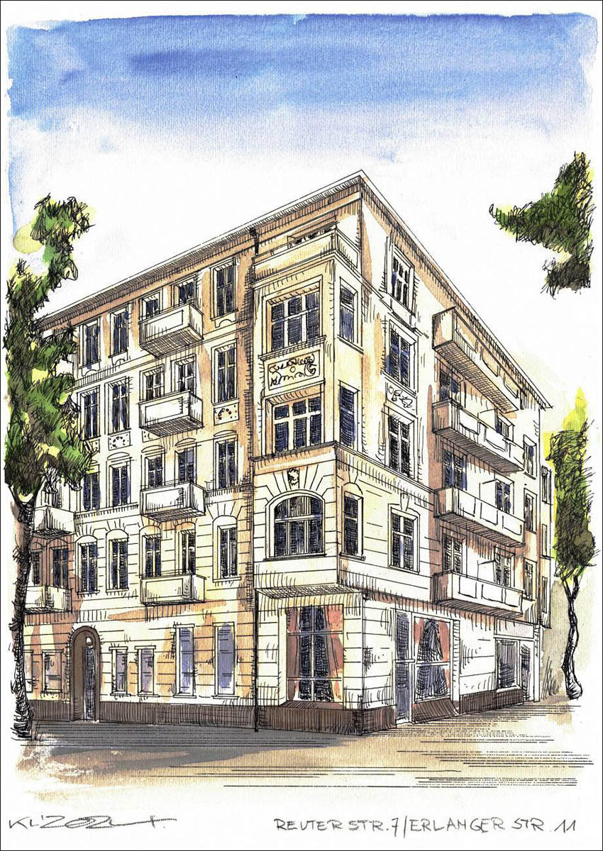 Berlin Reuterstrasse 7 / Ecke Erlanger Strasse 11 - Feder und schwarze Tusche auf Aquarellkarton 300 g/qm - 29,7 x 42 cm - 2024