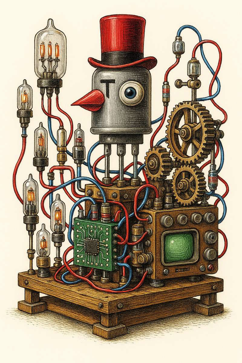 Polyphonie der Apparate X: Transistor mit rotem Zylinder - Generated AI-Art - 2025