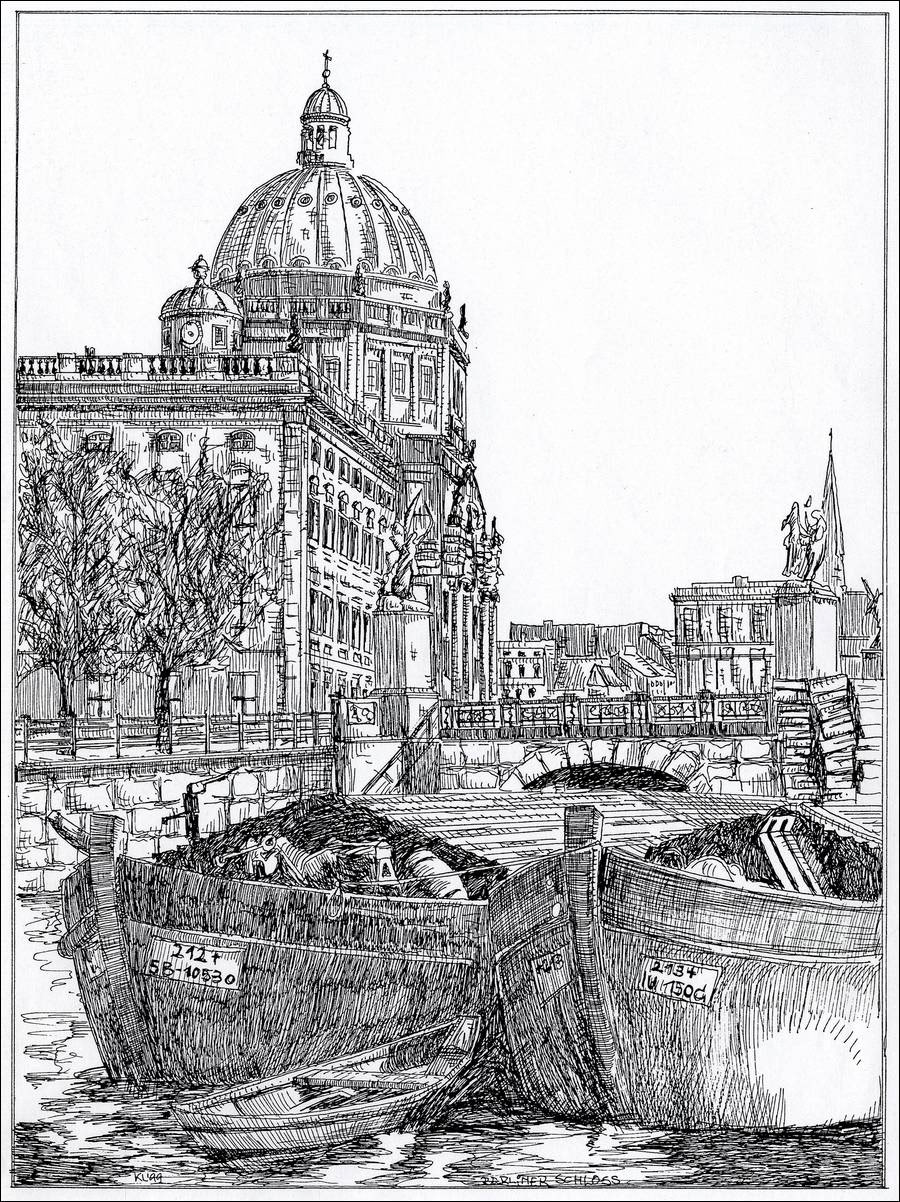Berliner Stadtschloss mit Lastenkähnen - Feder und schwarze Tusche auf Zeichenkarton - 29,7 x 21 cm - 2000