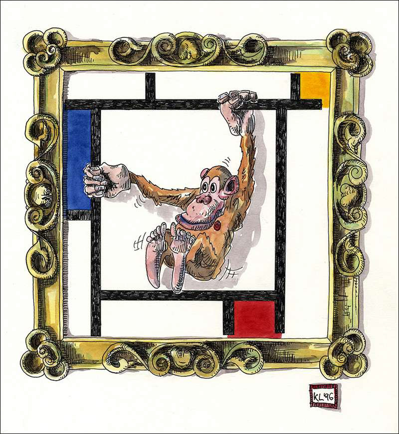 Mondrian-Affe - Feder in schwarzer Tusche und Aquarell - 1996