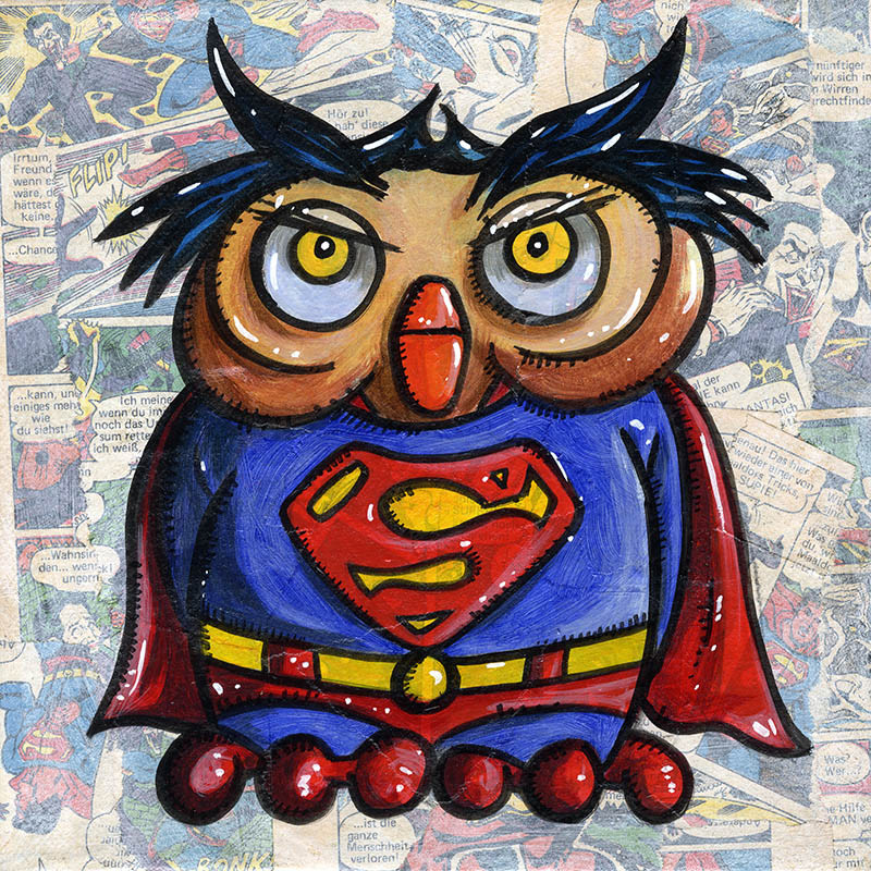 SUPER Owl - Collage und Acryl auf Leinwand - 20 x 20 cm - 2014