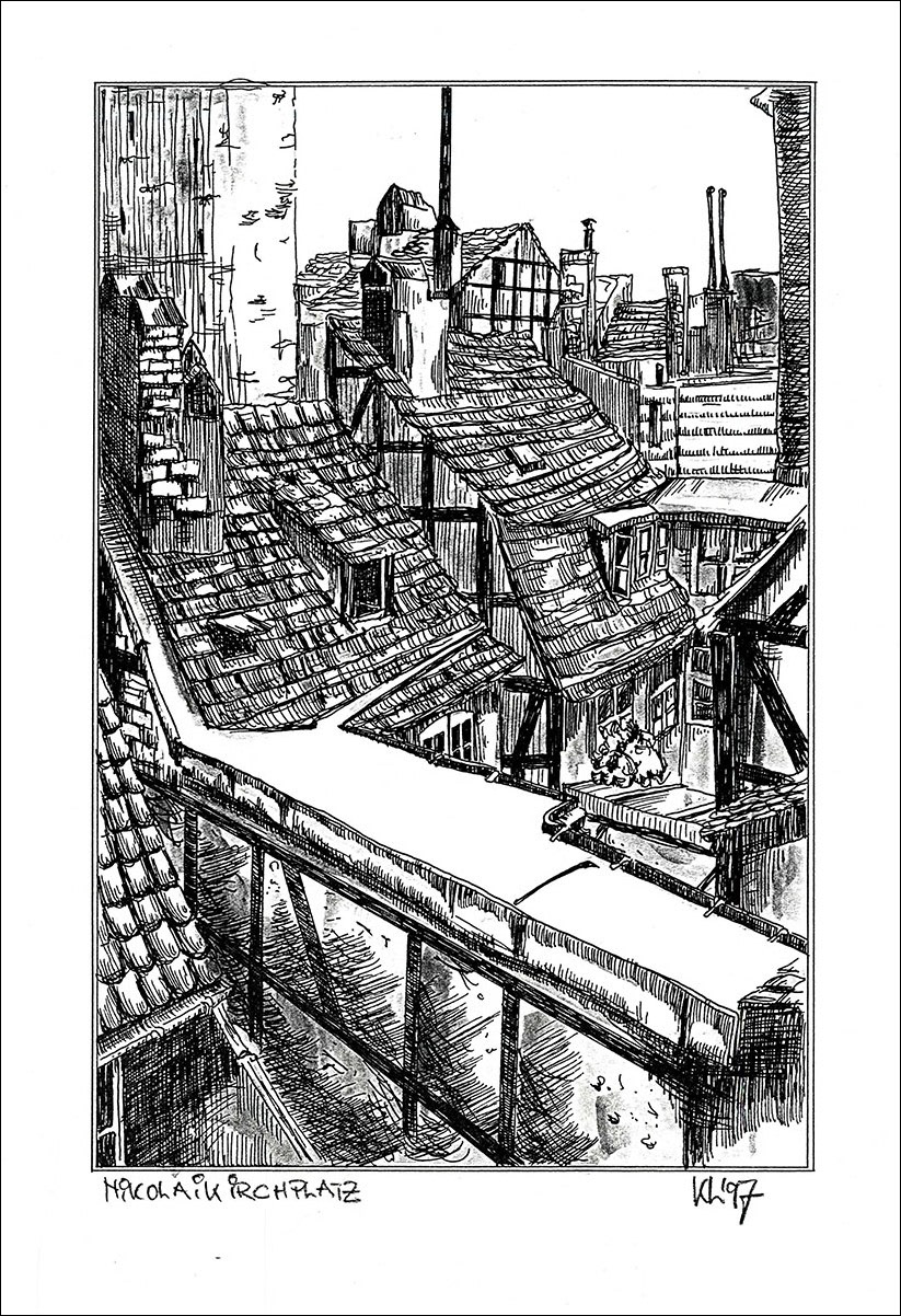Nikolaikirchplatz - Feder und schwarze Tusche auf Zeichenkarton - 29,7 x 21 cm - 1997