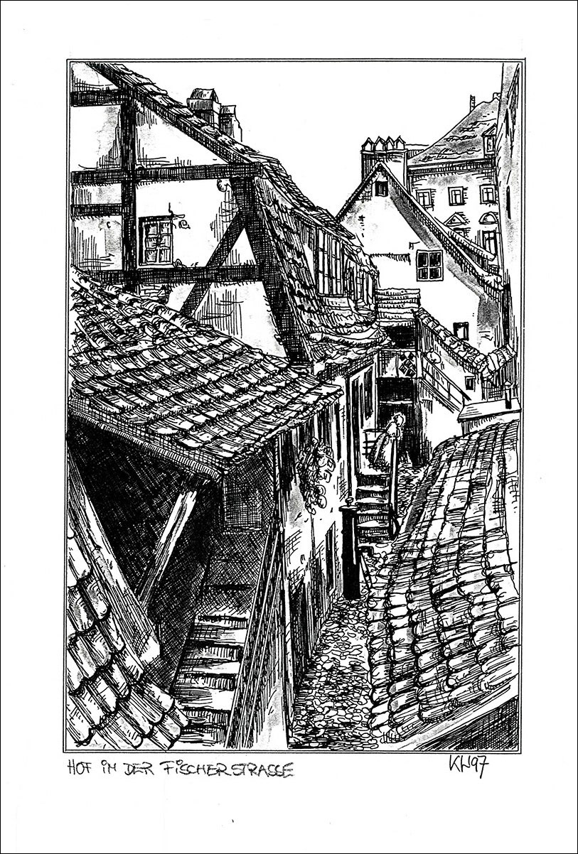 Hof in der Fischerstraße - Feder und schwarze Tusche auf Zeichenkarton - 29,7 x 21 cm - 1997