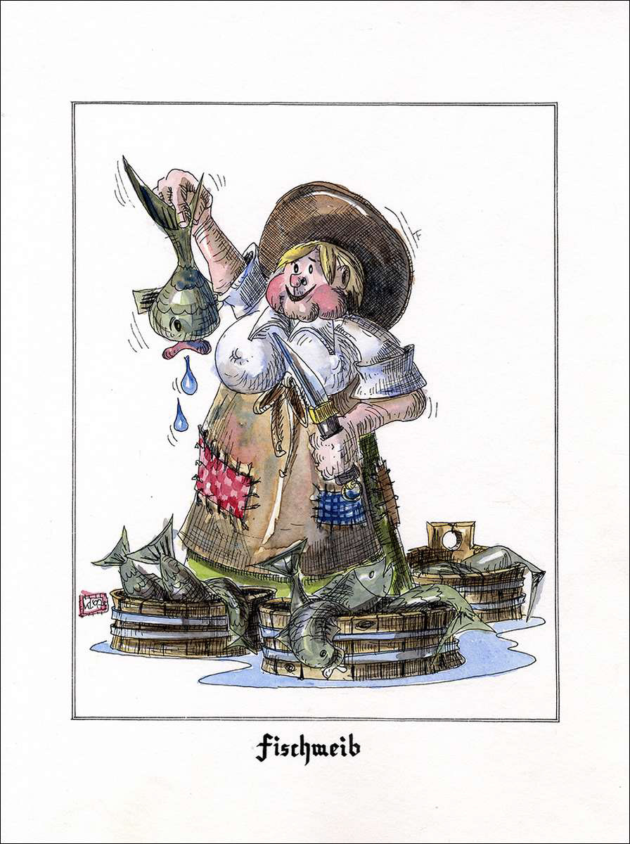 Fischweib - Feder in schwarzer Tusche und Aquarell - 1997