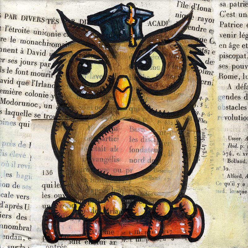 Büchereule I - Collage und Acryl auf Leinwand - 15 x 15 cm - 2014