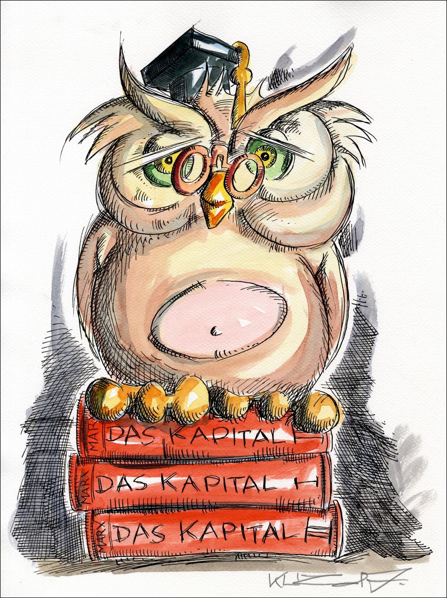 Büchereule: Das Kapital- Feder und Aquarell auf Aquarellkarton - 2015