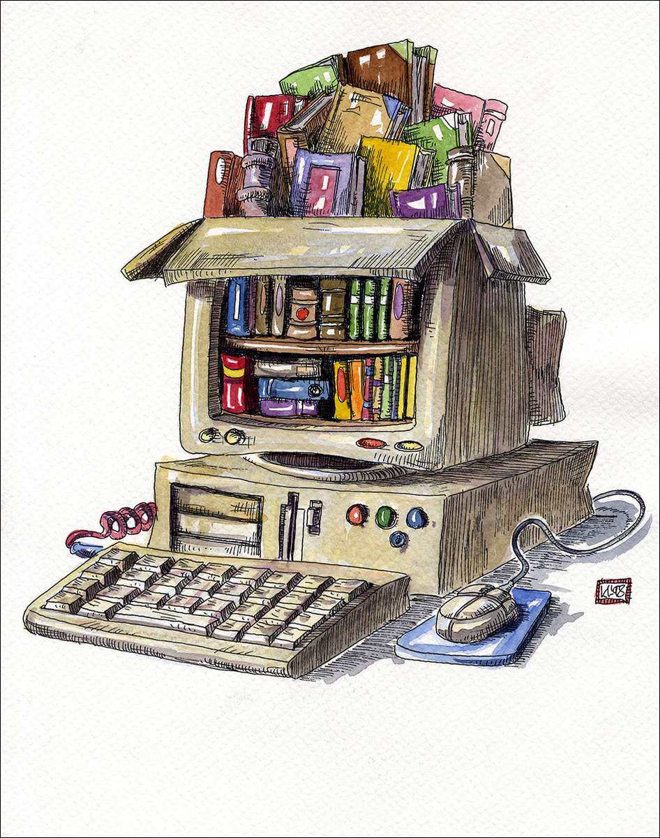 Digitale Bibliothek - Feder in schwarzer Tusche und Aquarell - 1998