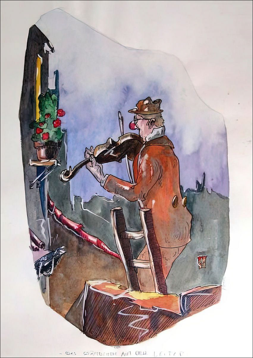 Das Ständchen auf der Leiter - Feder in schwarzer Tusche und Aquarell - 1990