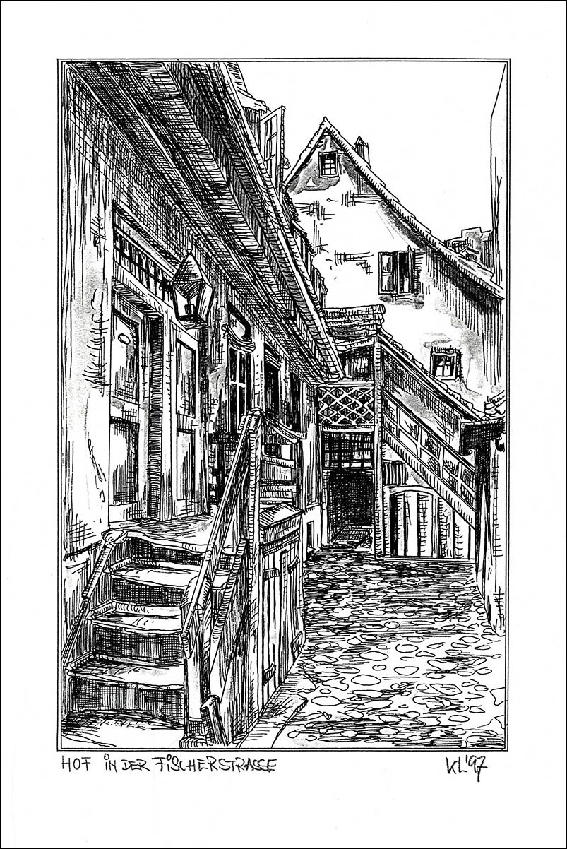 Hof in der Fischerstraße II - Feder und schwarze Tusche auf Zeichenkarton - 29,7 x 21 cm - 1997