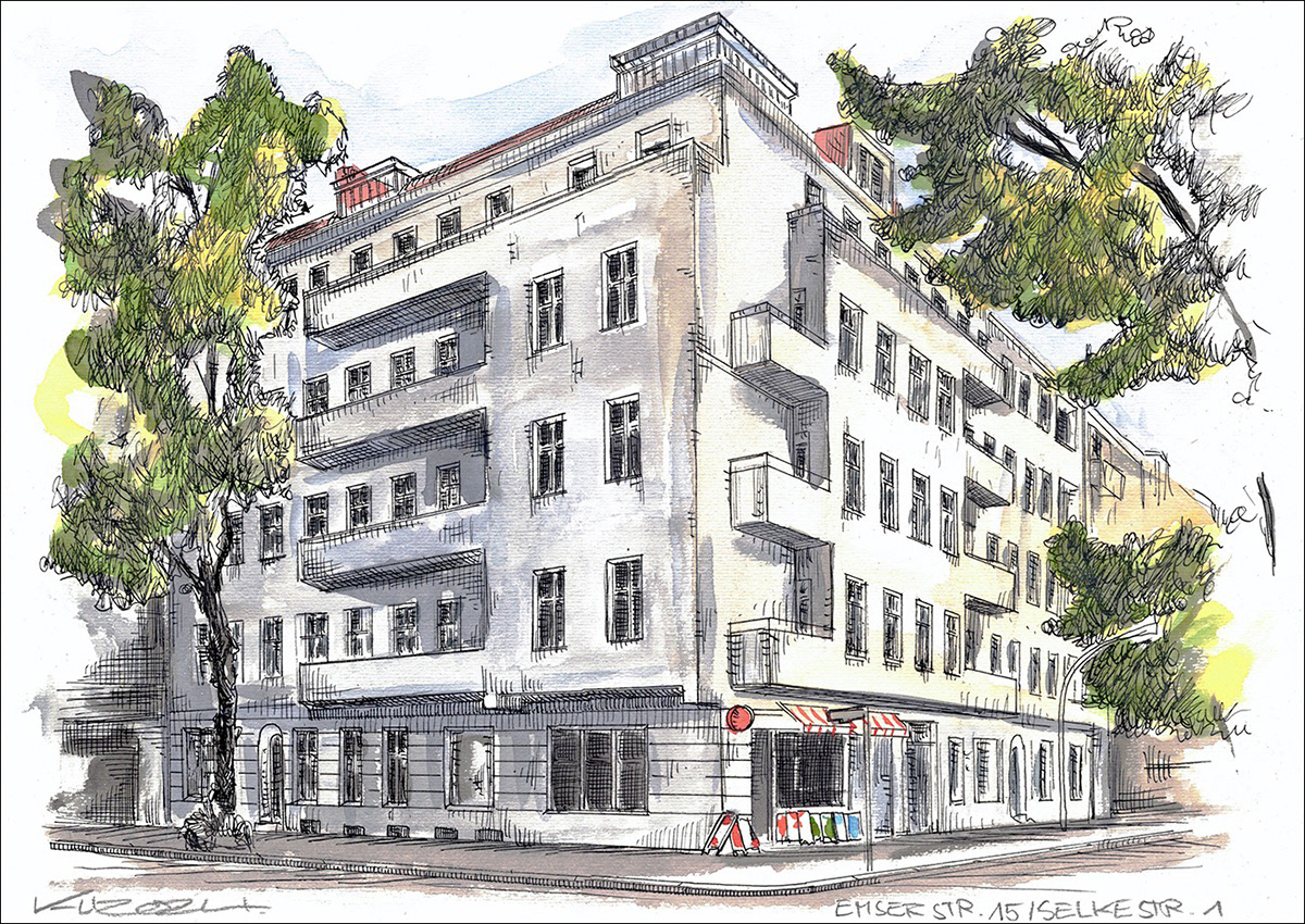 Berlin Reuterstrasse 7 / Ecke Erlanger Strasse 11 - Feder und schwarze Tusche auf Aquarellkarton 300 g/qm - 29,7 x 42 cm - 2024