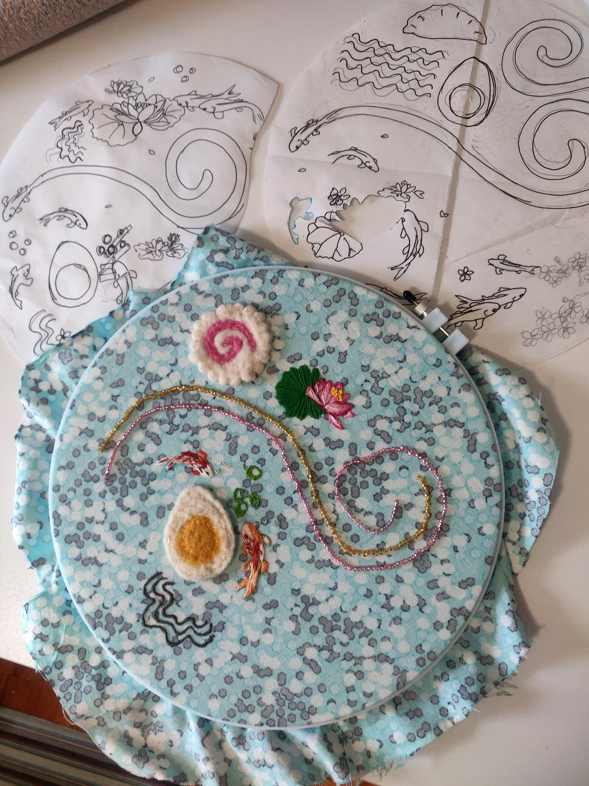 Needle Arts Project: Embroidery, tambour beading, top applied beading, felt applique