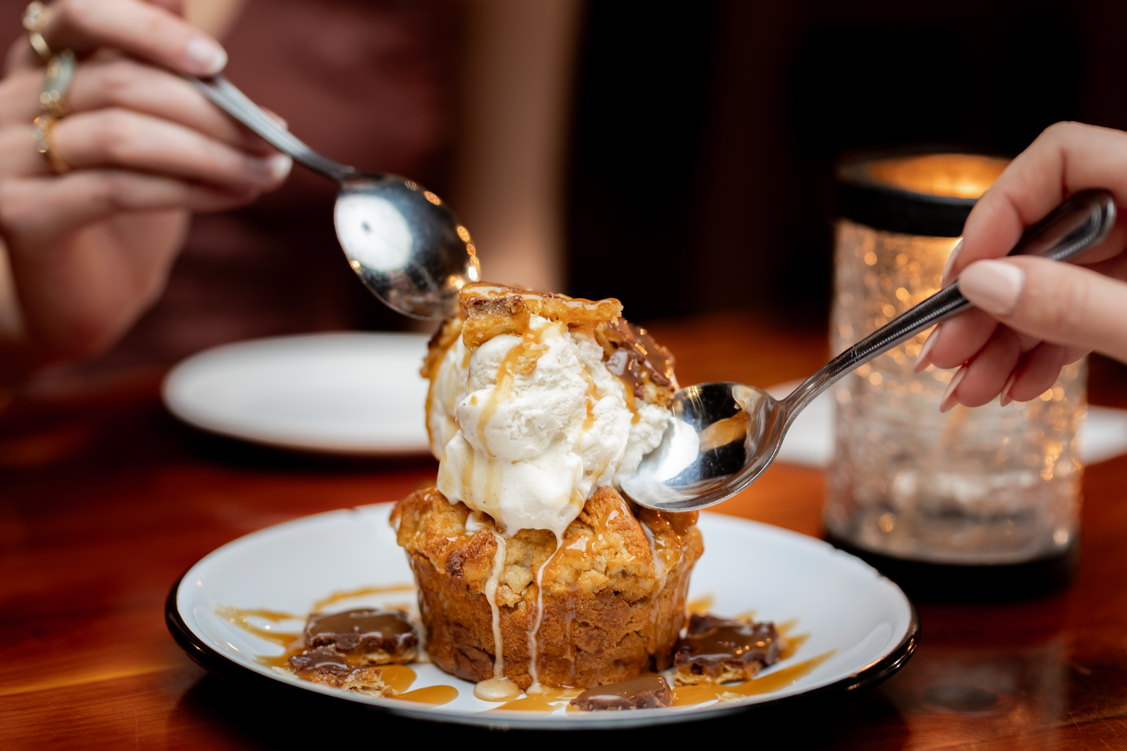 toffee bread pudding with ice cream from The Hound