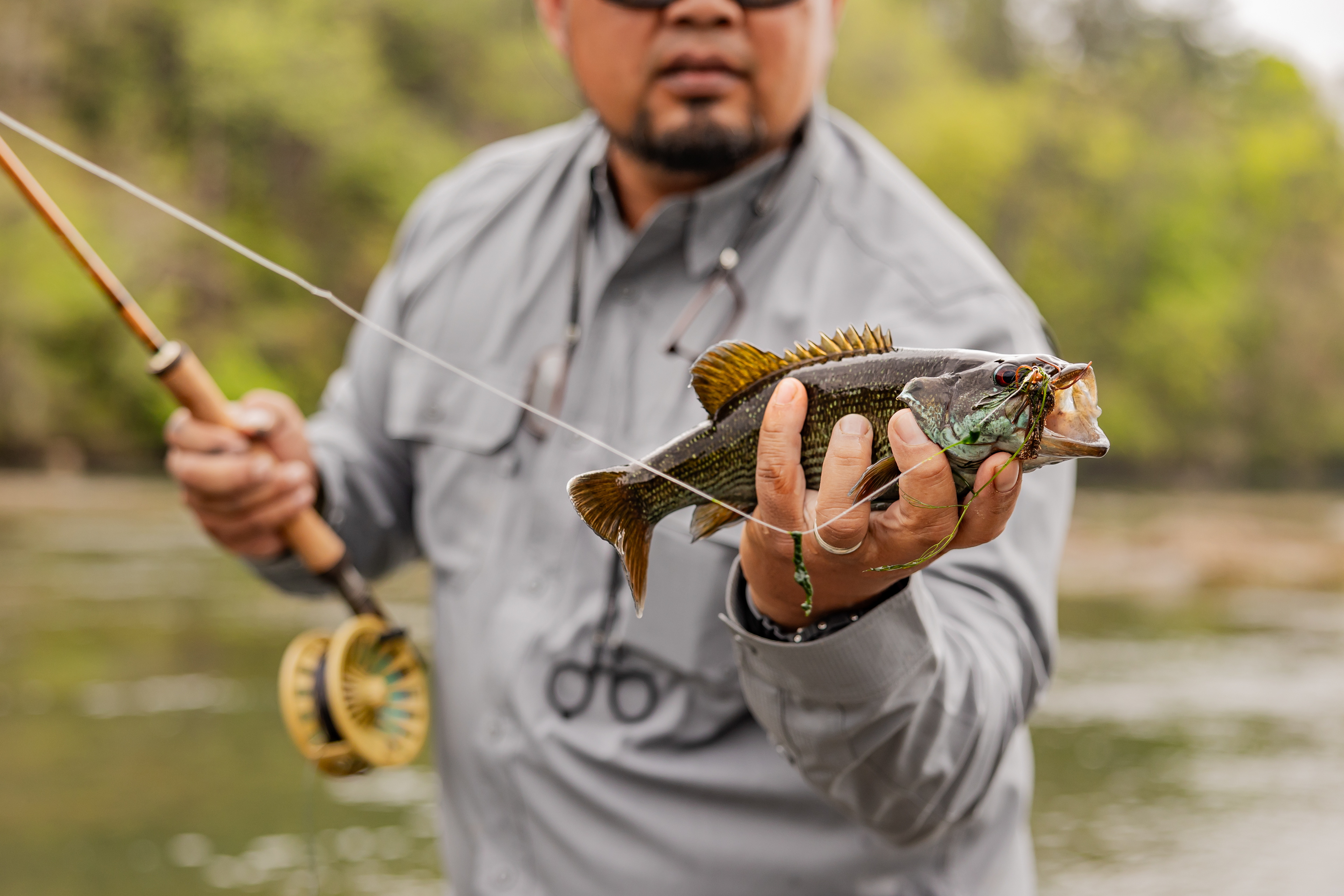 Rowell Guevarra, of Rowell on the River and East Alabama Fly Fishing, dressed in a grey Realtree shirt holding a Tallapoosa Red Eye Bass 