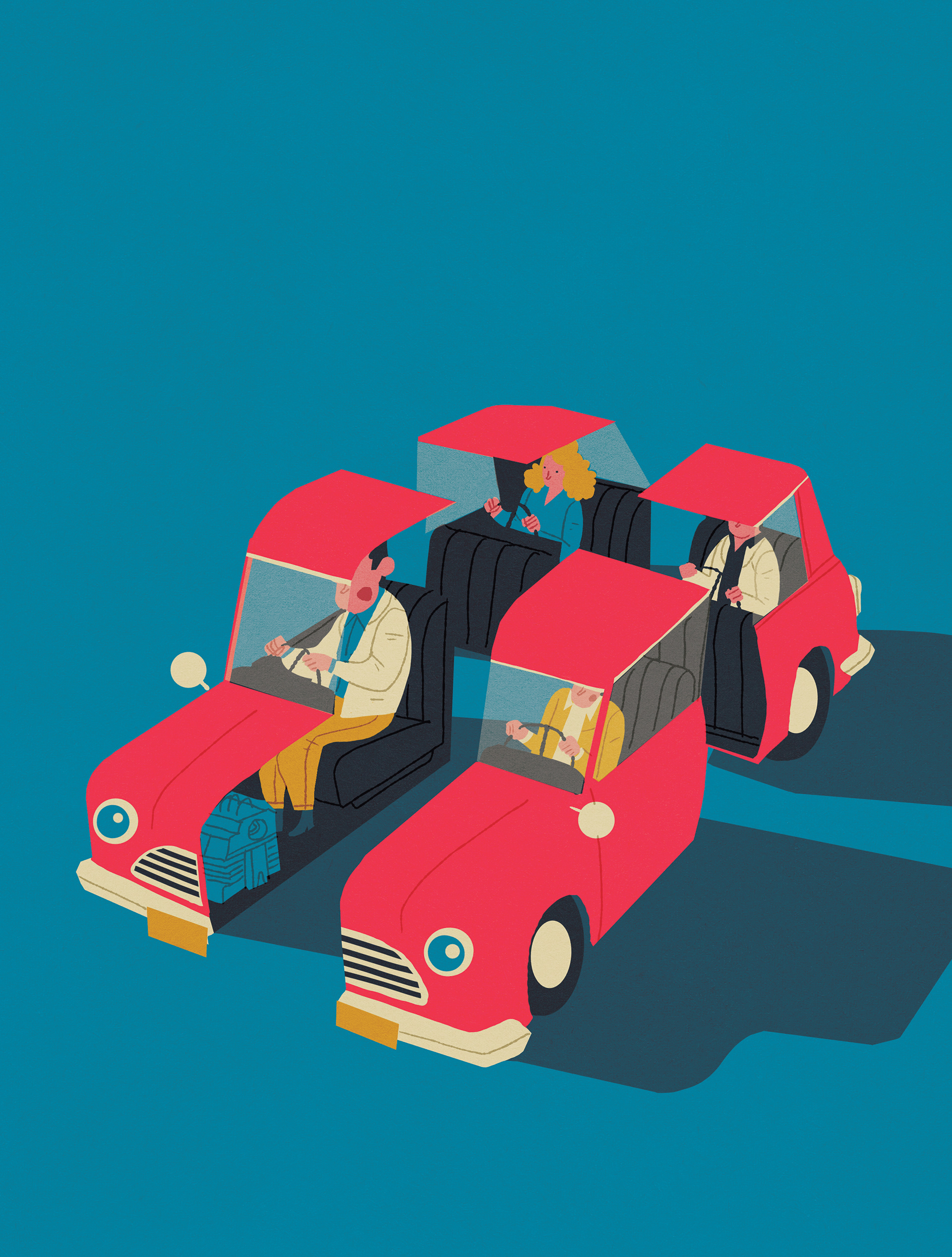 Editorial illustration by Emanuel Wiemans showing two vintage red cars fused together with commuters inside, conceptual style.