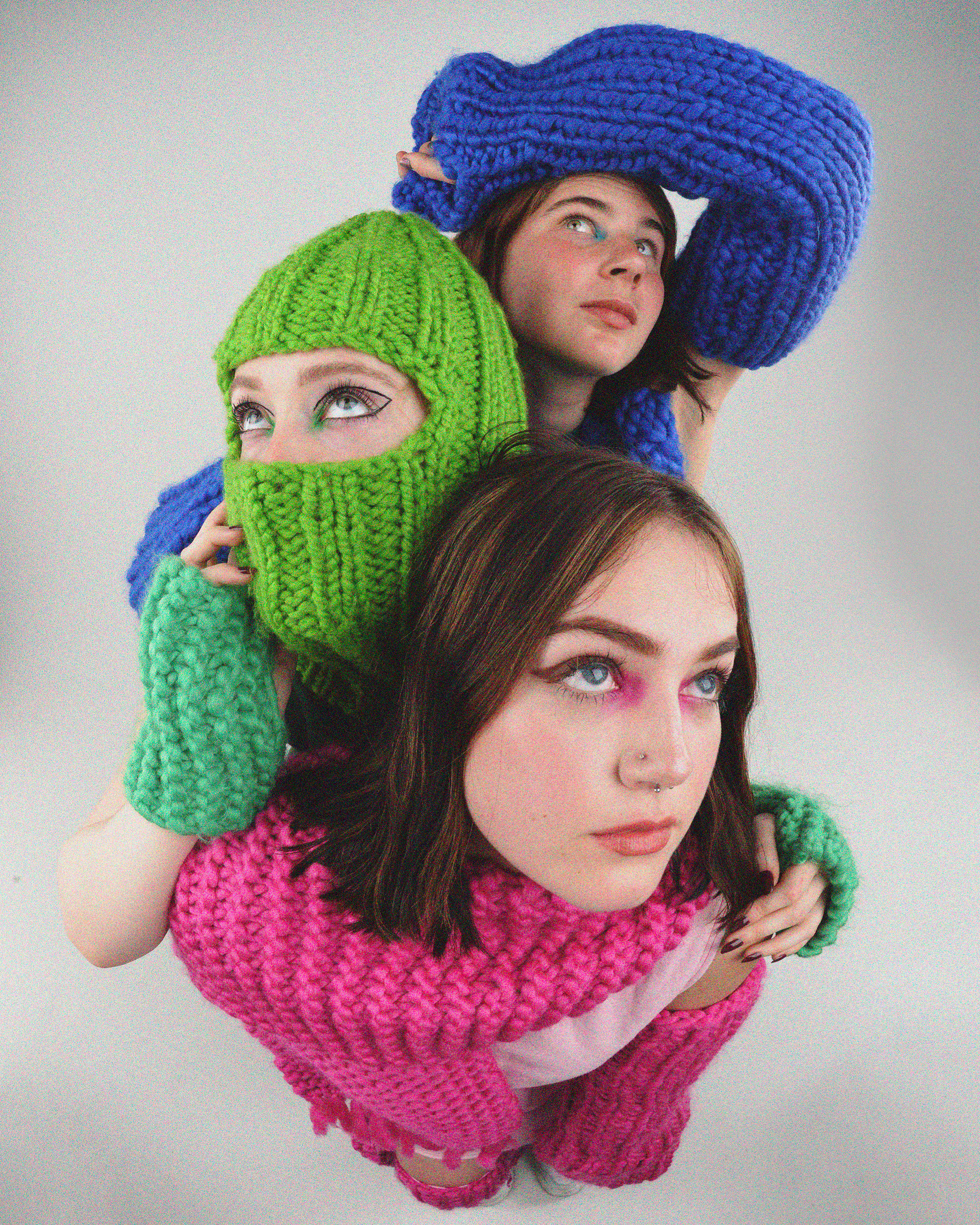 Inspired by childhood memories playing in the snow. Concepts of adolescence and winter, are used create a fun and warm aestetic. There are some items of clothing that seem off-limits to adults but acceptable for children, examples are: leg warmers, hand or arm warmers, and balaclavas. Megan Freeman includes such knitted accessories in her collection to create  the sense of nostalgia and childhood joy that can too often be forgoten.